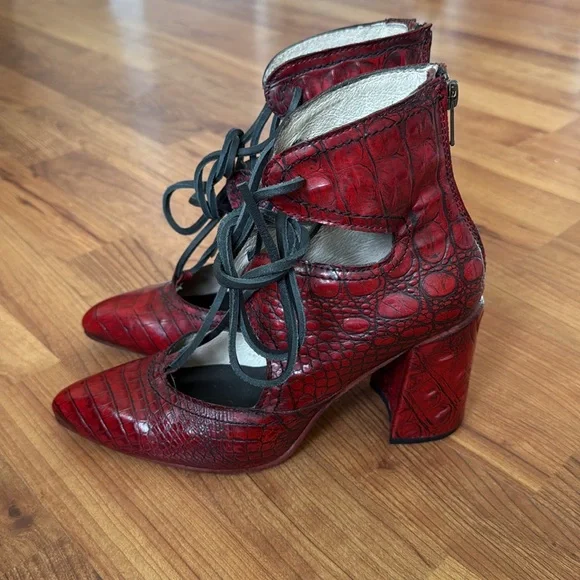 Freebird by Steven Red Croc-Embossed Lace-Up Heels - Picture 2 of 6